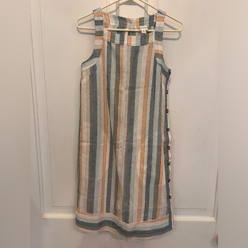 For Cynthia women’s linen blend striped shift dress XS side buttons & pockets